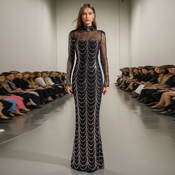 Women's Clothing sexy dress winter new style stand up collar long sleeve mesh gauze perspective design diamond mopping dress for women_ecoleips.com
