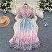 Elegant And Sophisticated Long Dress For Women, Featuring A Tie Waist Design, Three Quarter Sleeves, Openwork Crochet Lace, And Floral Print._ecoleips.com