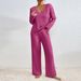 Women's Casual V-Neck Knit Sweater & Lounge Pants Set Soft Brushed Texture Loose Fit Two-Piece Outfit_ecoleips.com