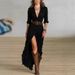Women's Elegant Long Sleeved Dress European American Style V Neck Waist Cinching Pleated Loose Slit Retro French 2025 New_ecoleips.com