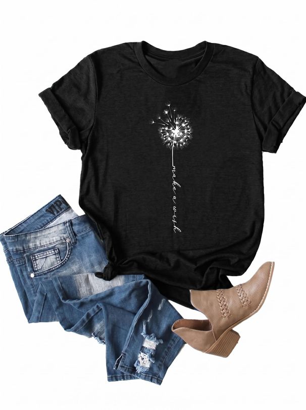 MaQiYa Womens Cute Make A Wish Dandelion Printed Tee Shirts Summer Cotton Vintage Graphic Tees Tops_ecoleips.com