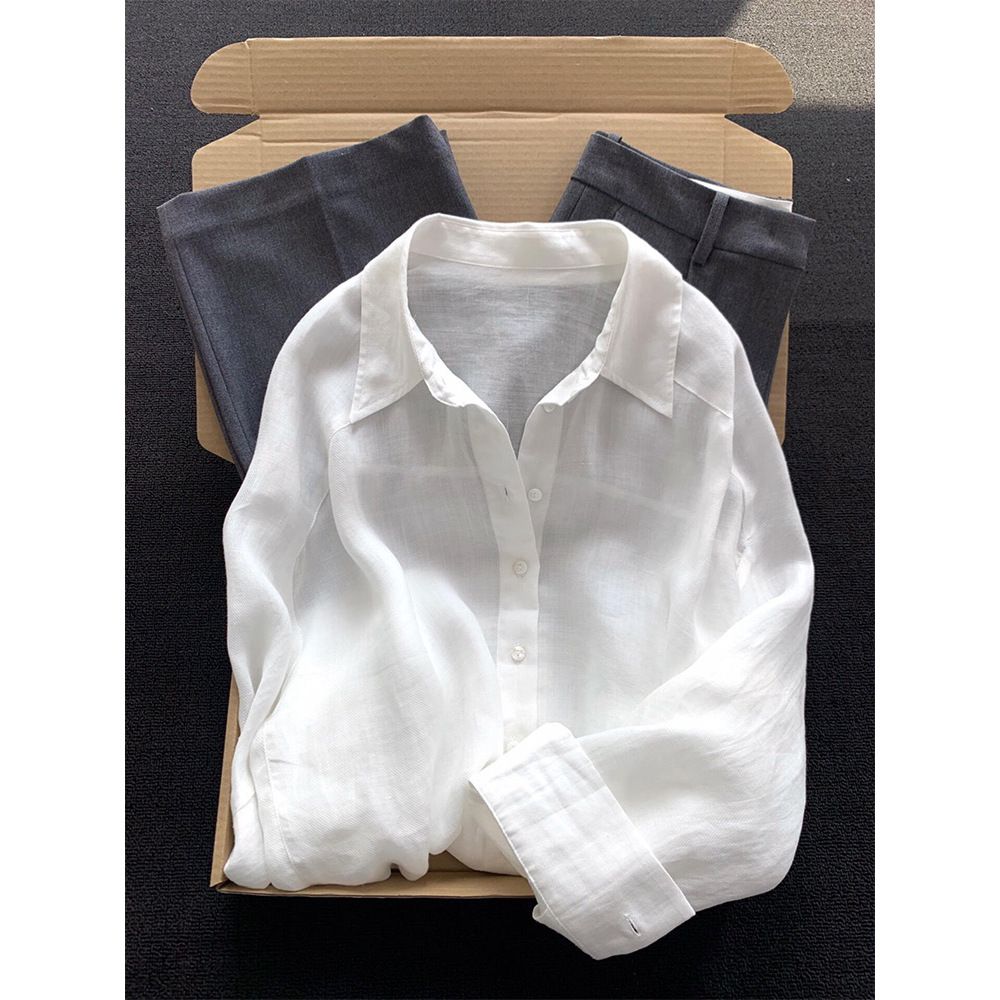 Minimalist Rose Pink Linen Collared Button-up Shirt For Women, Vintage Style, Loose Fit, Slimming, Casual Top_ecoleips.com