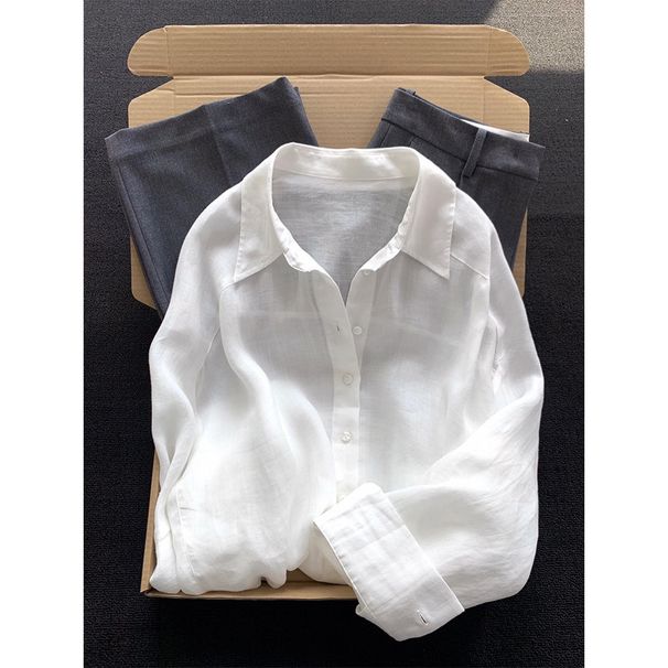Minimalist Rose Pink Linen Collared Button-up Shirt For Women, Vintage Style, Loose Fit, Slimming, Casual Top_ecoleips.com