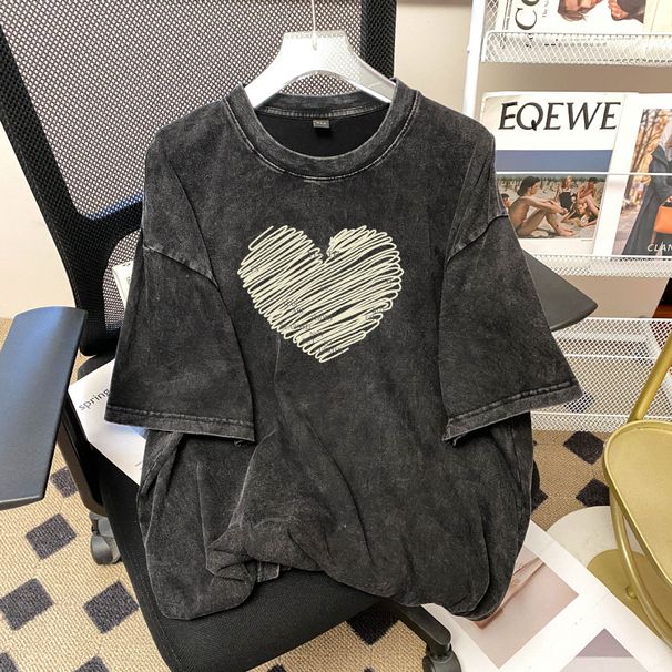 2025 Summer New Short Sleeve T-Shirt For Women, Washed Vintage Design, Printed Student Wear, Loose Mid-Length Top_ecoleips.com