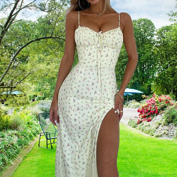 European And American Cross-border Women's Clothing 2023 Summer New Casual Floral Print Slit Long Dress For Women_ecoleips.com