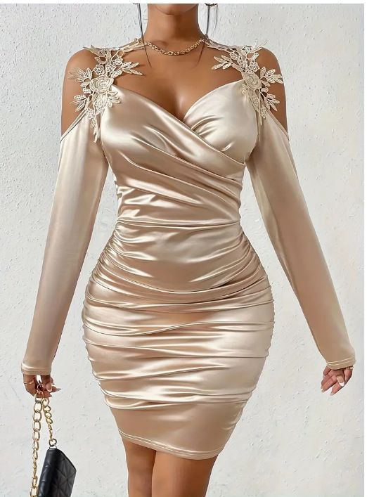 2025 Cross-Border European American Spring And Autumn New Satin Elegant Lace Bodycon Ruched Dress_ecoleips.com