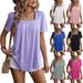 Women's Spring Summer Short Sleeve T-Shirt With Puff Sleeves Square Neck Smocked Top - Casual Basic Tee_ecoleips.com