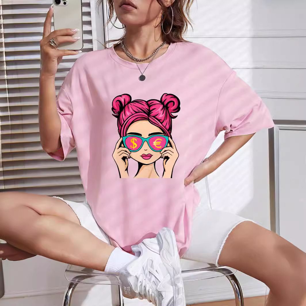 Women's Casual Loose T-Shirt round Neck Short Sleeve European American Style Portrait Print Simple Sports Top for Girls_ecoleips.com