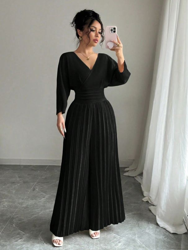 Women's Clothing Elegant V Neck Long Sleeve Jumpsuit Waist Cinching Pleated Commuter Style Fashionable Solid Color Jumpsuit_ecoleips.com