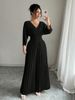 Women's Clothing Elegant V Neck Long Sleeve Jumpsuit Waist Cinching Pleated Commuter Style Fashionable Solid Color Jumpsuit_ecoleips.com
