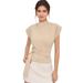 Modern Chic Short Sleeve Mock Neck Blouse For Women - Soft Ribbed Fabric & Flattering Button Detail In Beige_ecoleips.com