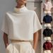Elegant Mandarin Collar Shirt For Women - Modern Inspired Blouse, Breathable Polyester, Short Sleeve Office Wear, Unique Design_ecoleips.com