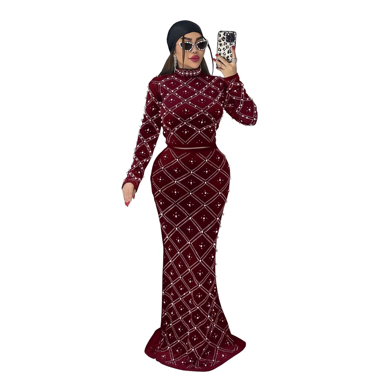 Women's Elegant Rhinestone Bubble Top Long Skirt Two Piece Set Fashion_ecoleips.com