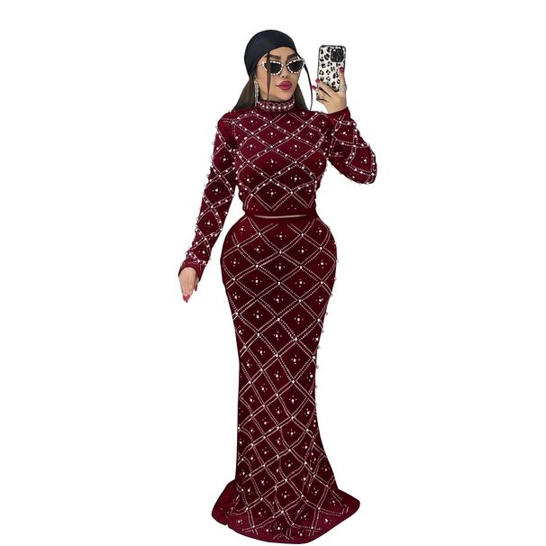 Women's Elegant Rhinestone Bubble Top Long Skirt Two Piece Set Fashion_ecoleips.com