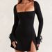 2023 Summer European And American In Style Women' Autumn New Square Neck Long Sleeve Slim Fit Bodycon Slit French_ecoleips.com