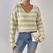Women's V Neck Color Blocked Striped Pullover Sweater Drop Shoulder Short Long Sleeves Autumn Winter Style European American Cross Border Clothing_ecoleips.com
