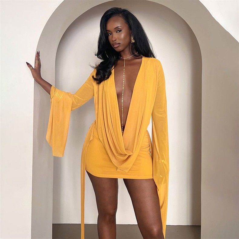 Women's Mesh Ruffled Neck Long Sleeve Dress Backless A-Line Short Dress European American Style Cross Border Fashion_ecoleips.com
