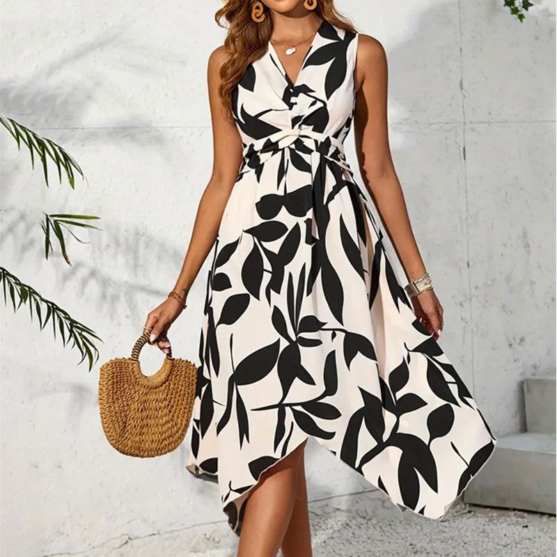 Long Sleeveless Midi Leaf Print Twist Irregular Dress Spring Summer Women's Design Sense Cross-Border Foreign Trade_ecoleips.com