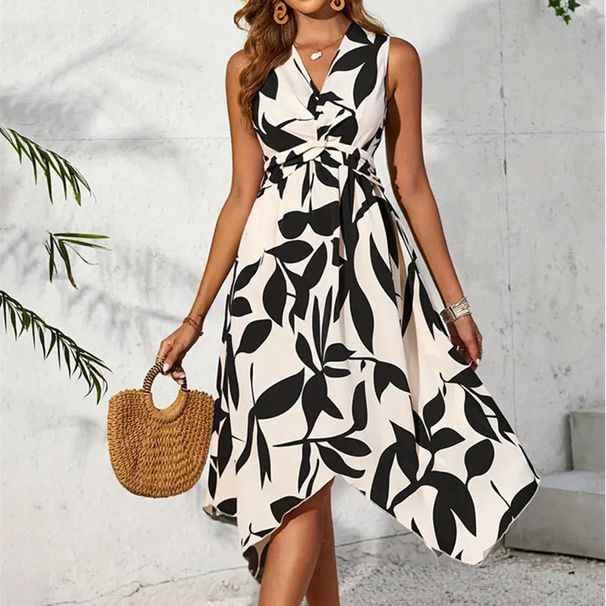 Long Sleeveless Midi Leaf Print Twist Irregular Dress Spring Summer Women's Design Sense Cross-Border Foreign Trade_ecoleips.com