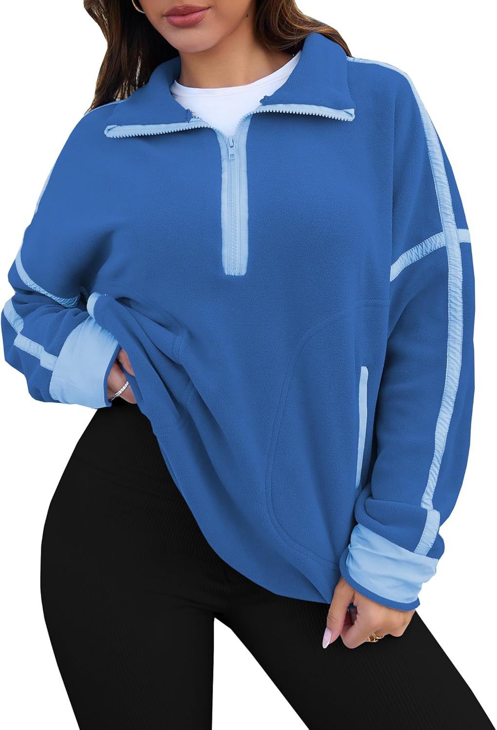 Women's Clothing Zipper Sweatshirt Hoodie Long Sleeve Stand Collar Pullover Casual Color Block Top With Pockets_ecoleips.com