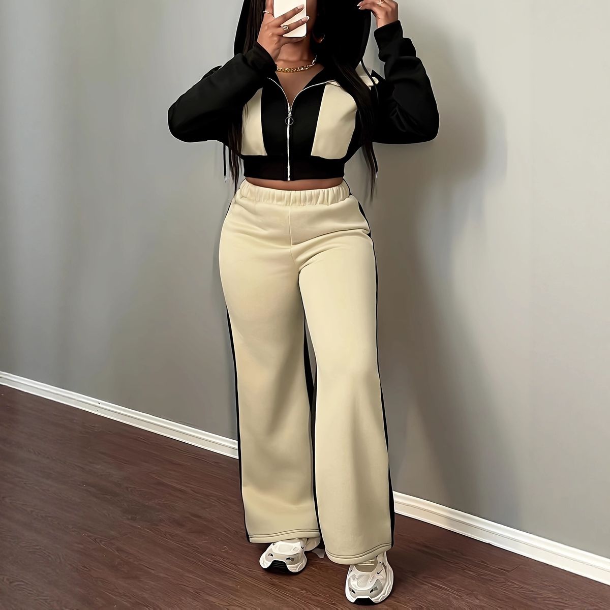 Women's Color-Block Hoodie & Straight Leg Pants Set – Trendy Casual Outfit (S-XXL, Black/Red) | Winter-Ready Comfort & Style_ecoleips.com