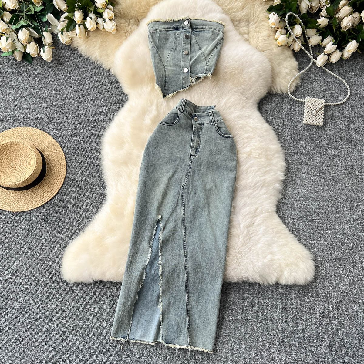 Women's American Style Denim Suit Asymmetrical Cropped Strapless Top High Waisted Split Hem_ecoleips.com