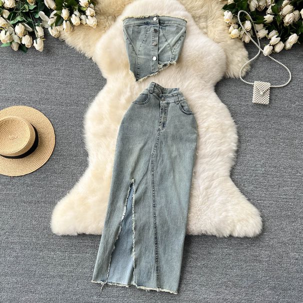 sweet cool hot girl suit skirt women's summer short denim tube bra vest top twopiece set high waist aline skirt_ecoleips.com
