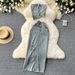 Women's American Style Denim Suit Asymmetrical Cropped Strapless Top High Waisted Split Hem_ecoleips.com
