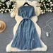 French Style Chic V Neck Dress Metal Buttons Cinched Waist Slimming Mesh Lace Ruffles_ecoleips.com
