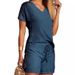 Women's Clothing Casual Fashion Solid Color Comfortable V Neck Top + Button Decoration Shorts Two Piece Set_ecoleips.com