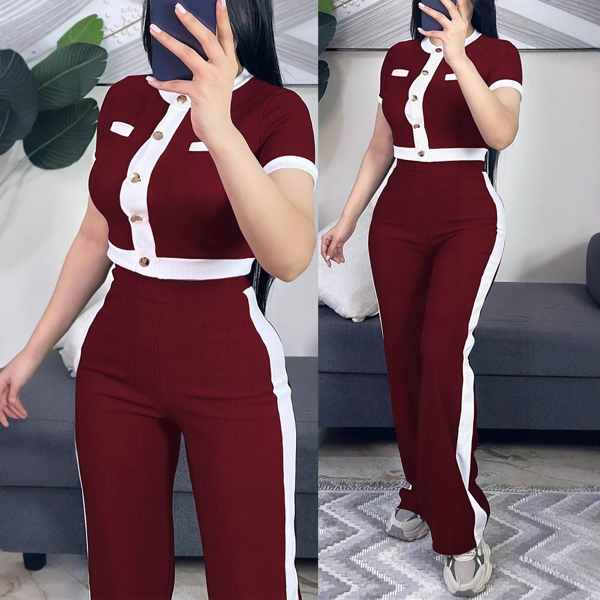 Spring/Summer Women's Color Block Button Top Hot New Faux Pocket Round Neck Short Sleeve Set With High Waisted Comfortable Trousers_ecoleips.com