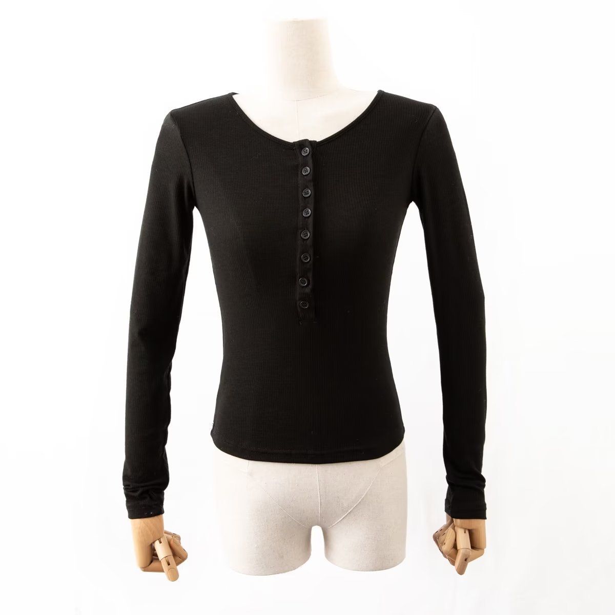 Aria Basics Aria Basics 2024 Cross-border European And American Women's See-through Long Sleeve T-shirt Button Ribbed Slim Knit_ecoleips.com