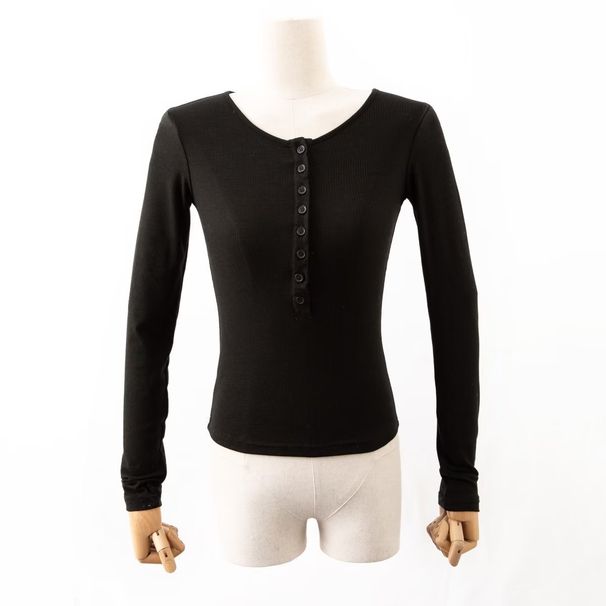 Aria Basics Aria Basics 2024 Cross-border European And American Women's See-through Long Sleeve T-shirt Button Ribbed Slim Knit_ecoleips.com