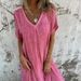 New Women's Casual Loose Skirt Dress V Neck Short Sleeved Solid Color Cotton And Linen Spring Summer_ecoleips.com