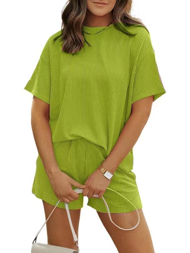 Women's Summer Casual Striped Suit Set Round Neck Full Length Pants American Style Fashion Polyester_ecoleips.com