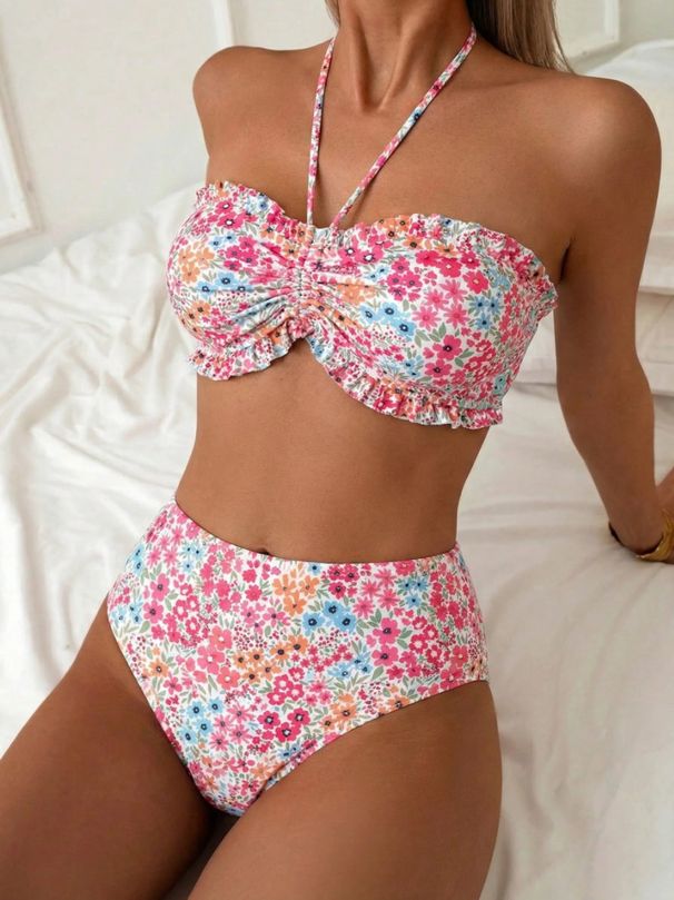 High End Printed Tie Up Strapless Floral Bikini Swimsuit Two Piece Women's Sexy Swimwear_ecoleips.com