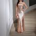 Elegant Sophisticated Sequined Evening Gown One Shoulder Slit Banquet Dress Women's Party Wear_ecoleips.com