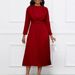 Women's Clothing Elegant Long Sleeved Pleated Solid Color Elegant Autumn Long-Sleeve Pleated Midi Dress | Belted Office Dress With Flowy Skirt_ecoleips.com