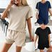 Women's Clothing Summer Solid Color Knitted Round Neck Tops And Shorts Casual Two Piece Suits_ecoleips.com