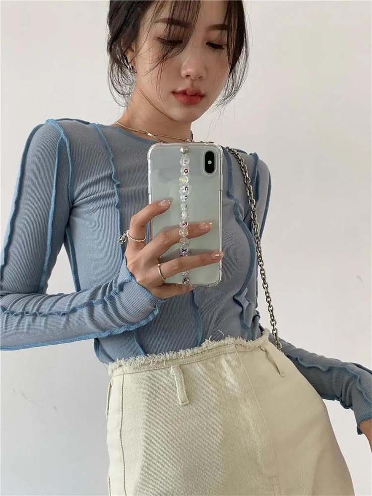 Huani Women's Long Sleeve T-Shirt Korean Style Topstitching Niche Design Solid Color Base Versatile Slimming Autumn Top_ecoleips.com