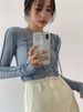Huani Women's Long Sleeve T-Shirt Korean Style Topstitching Niche Design Solid Color Base Versatile Slimming Autumn Top_ecoleips.com