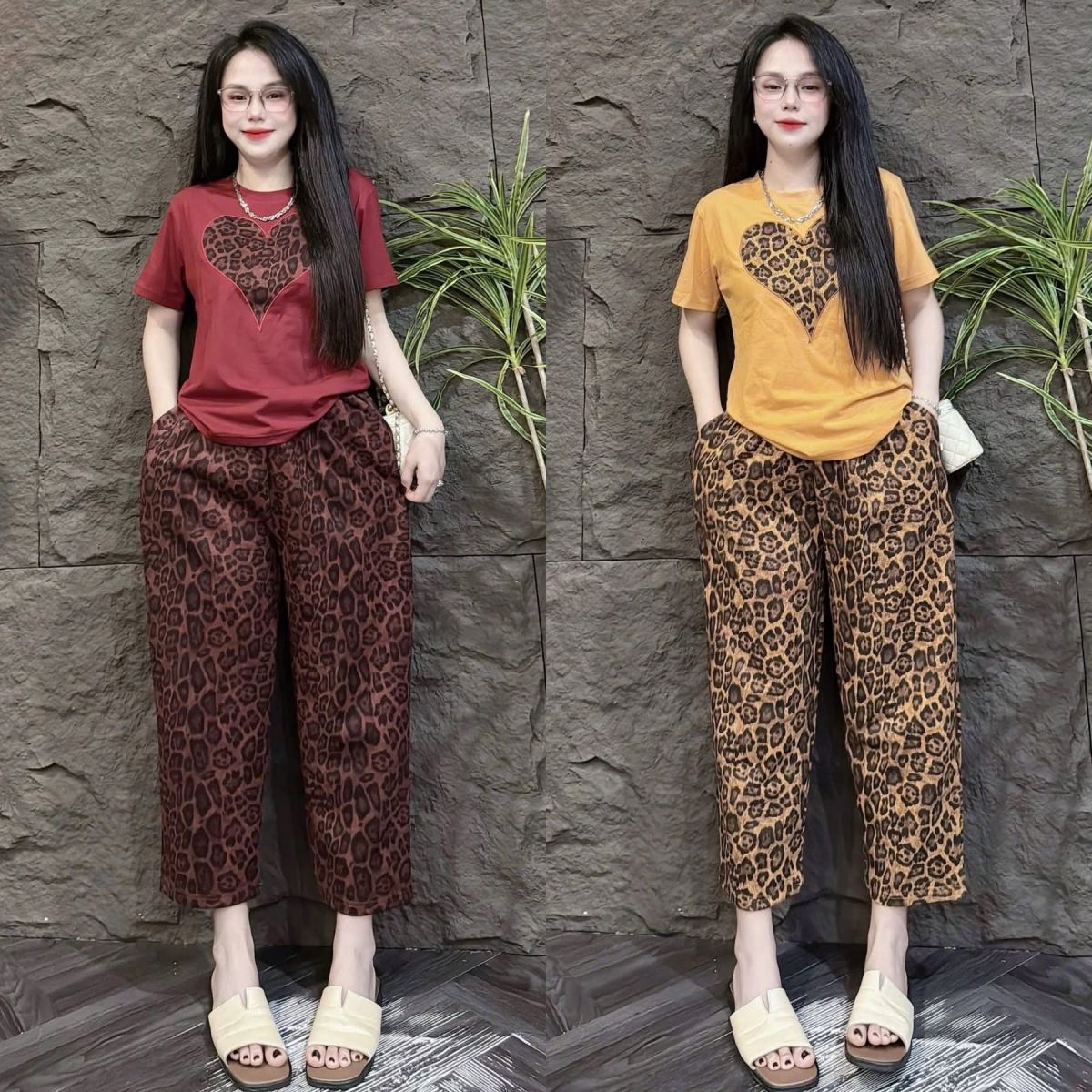 Women's Leopard Print Heart Embroidery Two-Piece Set Summer Fashion Outfit Short Sleeve Top Wide Leg Pants Loose Fit_ecoleips.com