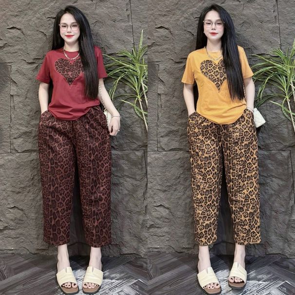 Women's Leopard Print Heart Embroidery Two-Piece Set Summer Fashion Outfit Short Sleeve Top Wide Leg Pants Loose Fit_ecoleips.com