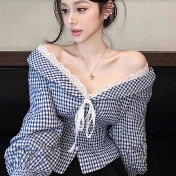 French-style Off-shoulder Blue Lace Patchwork Blouse Women, High-end, Unique, Super Stylish, Waist-cinching,_ecoleips.com