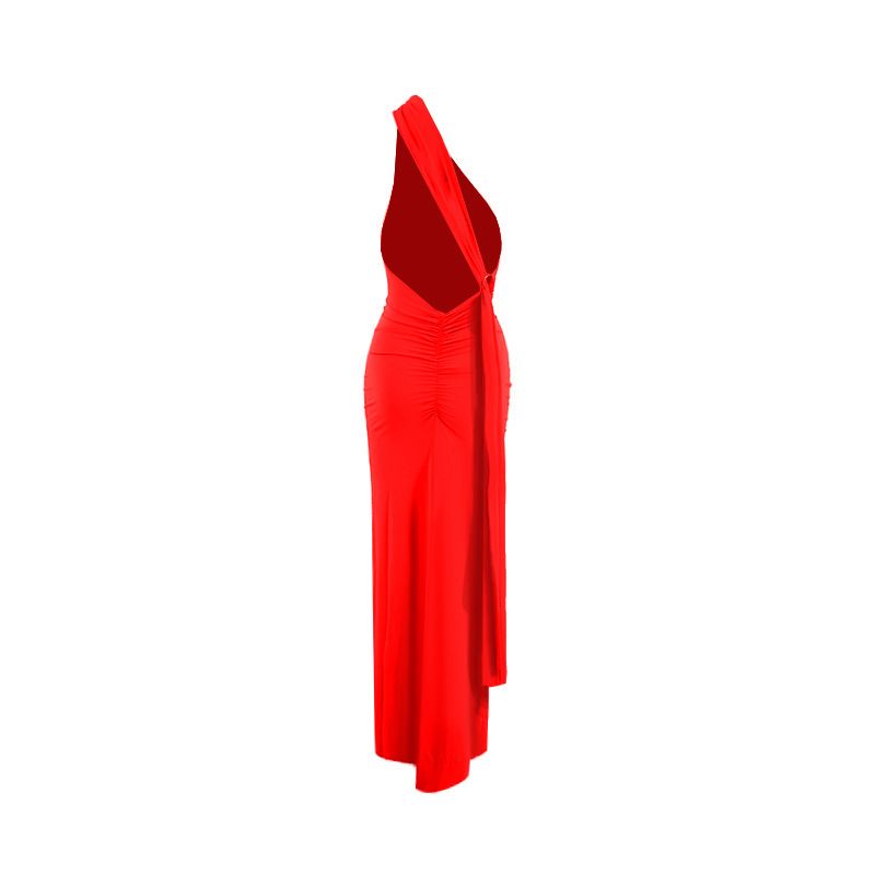 Women's Clothing Summer New Products Oblique Shoulder Sexy Slim Backless Pleated Hollow Suspender Long Dress_ecoleips.com