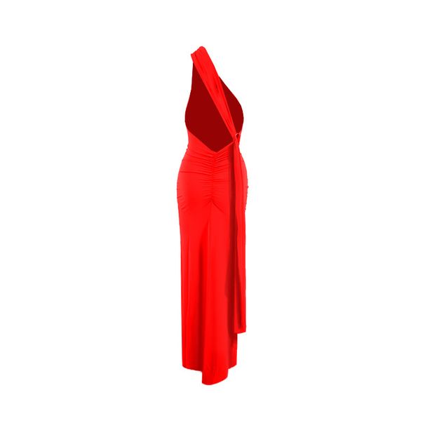 Women's Clothing Summer New Products Oblique Shoulder Sexy Slim Backless Pleated Hollow Suspender Long Dress_ecoleips.com