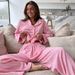Pink Comfortable Warm Sleeve Long Pants Pajama Set European And American Autumn New Women's Homewear_ecoleips.com