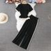 Fashionable And Stylish Sports Contrast Color Short Sleeved Knitted Jacket Top + Wide Leg Pants Two Piece Temperament Women's Suit_ecoleips.com