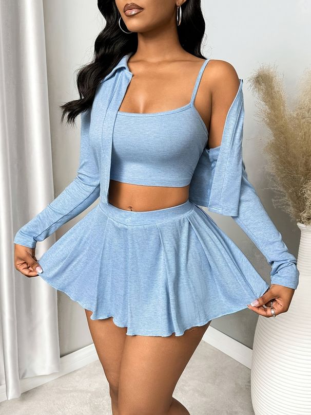 Summer New Women's Three-Piece Solid Color Slim Fit Simple Casual Top And Skirt Set_ecoleips.com