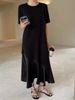 Retro Casual Slimming Anti-Aging Long T-Shirt Dress Pure Color Round Neck Irregular Hem Short Sleeve Dress Trendy_ecoleips.com